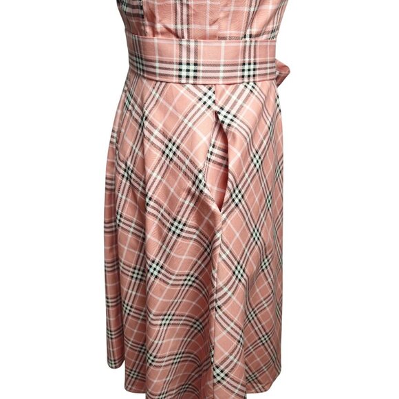 Pink Plaid Fit & Flare Dress With Belted Waist & Cap Sleeves And Pockets Small - Picture 6 of 14
